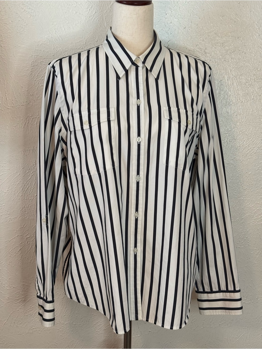 LRL Black and White Vertical Stripe Button-Up Blouse XL